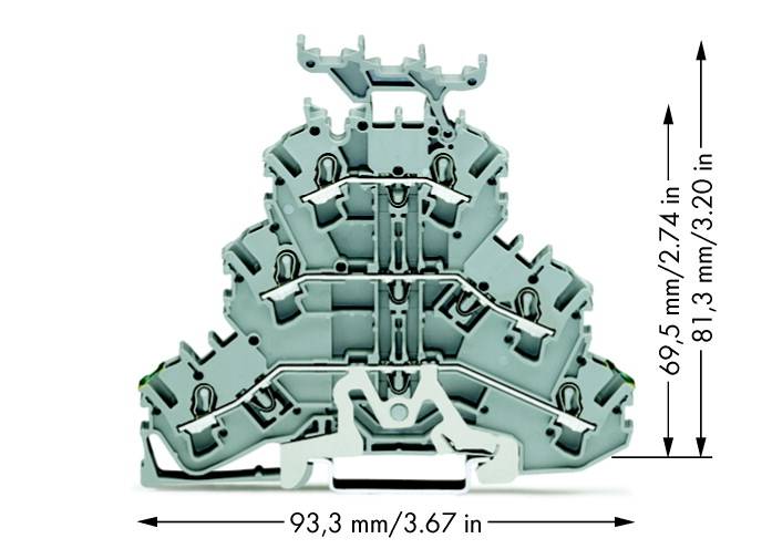 Klemmblock mit drei übereinander liegenden Ebenen. Maße: Breite 93,3 mm (3,67 Zoll), Höhe 81,3 mm (3,20 Zoll).
