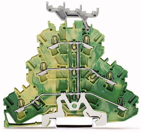 Querschnitt eines grünen und gelben elektrischen Klemmenblocks, der Drähte verbindet und isoliert. Hauptkomponenten sind sichtbar.