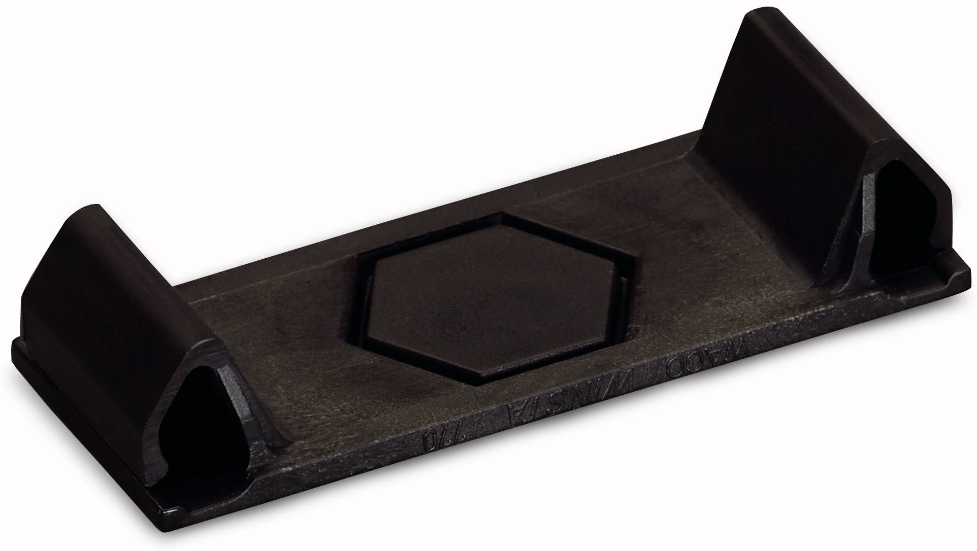 Ein schwarzer Kunststoffhalter mit sechseckiger Vertiefung in der Mitte, zwei seitlichen Stützen und flacher Basis.