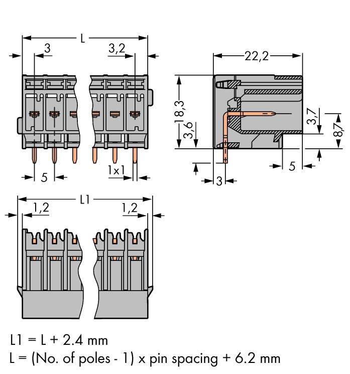 Technische Zeichnung eines elektrischen Steckverbinders mit Bemaßungen in Millimetern. Zeigt Vorder-, Seiten- und Schnittansicht.