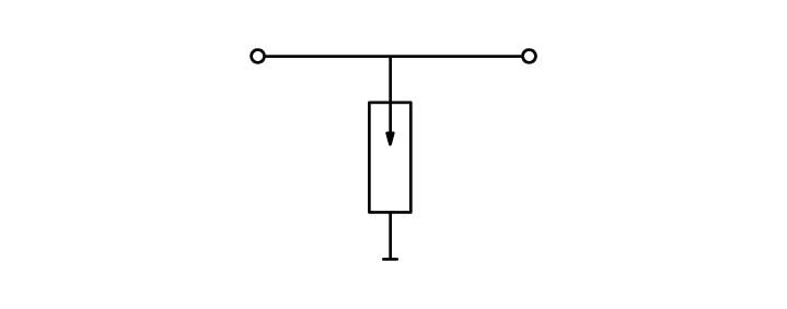 Elektrisches Schaltzeichen eines Transistors mit Pfeil nach unten, symbolisiert Stromfluss. Verbindet zwei Endpunkte oben mit einem Anschluss unten.