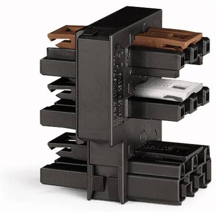 Schwarzer elektrischer Steckverbinder mit mehreren Steckplätzen und farbigen Clips, geeignet für industrielle Anwendungen.