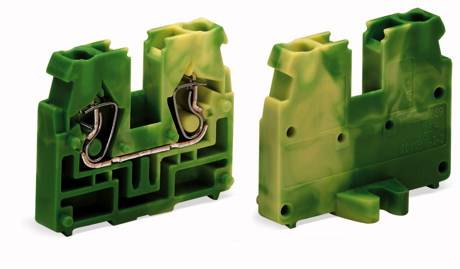 Grüner elektrischer Steckverbinder mit Metallelementen, Vorder- und Rückansicht. Verwendet zur Stromverbindung in elektrischen Systemen.