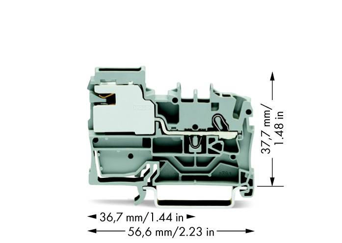 Klemmenblock mit Abmessungen: 36,7 mm Breite, 56,6 mm Länge, 37,7 mm Höhe. Technisches Bauteil in grauer Farbe.