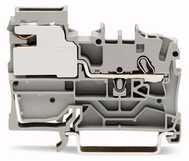 Graue Reihenklemme mit metallischem Anschlussmechanismus, verwendet zur Verbindung elektrischer Kabel in Schaltschränken.