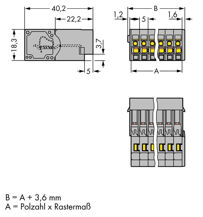 Technische Zeichnung von elektrischen Steckern, zeigt Maße und Anordnung der Kontakte. Text 'B = A + 3,6 mm'.