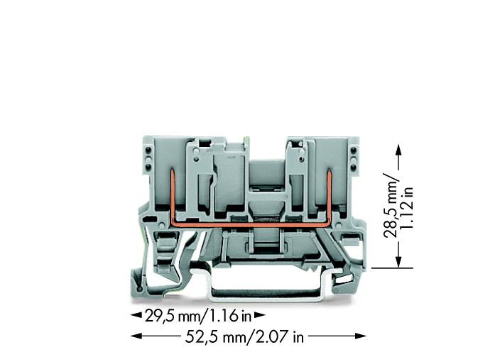 Grau-grüner Terminalblock mit Kupferdraht, seitlich gemessen: 29,5 mm breit, 28,5 mm hoch. Untere Breite: 52,5 mm.