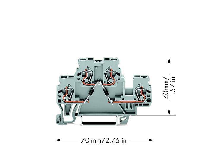 Querschnitt einer elektrischen Klemmenleiste mit den Maßen: Breite 70 mm (2.76 Zoll), Höhe 40 mm (1.57 Zoll).