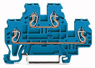 Blauer elektrischer Klemmenblock mit Metallverbindungen und rechteckiger Grundform, zur Verdrahtung in elektrischen Installationen.