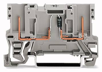 Ein graues, elektrisches Bauteil mit Kupferverbindungen, möglicherweise eine Klemme oder ein Reihenklemmensystem, das für Schaltkreise verwendet wird.
