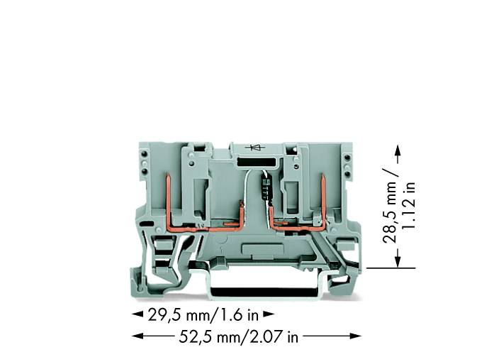 Das Bild zeigt eine Querschnittsansicht einer grauen elektrischen Klemme mit Kupferleitungen und dimensionale Angaben: 29,5 mm x 28,5 mm.