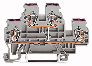 Elektrischer Klemmenblock mit grauem Gehäuse und kupferfarbenen Leitungen. Dient zur Verbindung elektrischer Leiter in Schalttafeln.