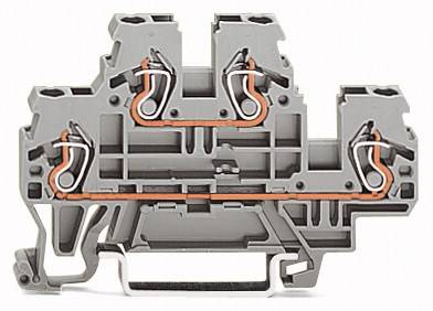 Eine graue, mehrstöckige Reihenklemme mit zwei Anschlusspunkten und orangefarbenen Verbindungselementen für elektrische Schaltungen.