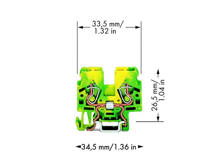 Ein gelb-grüner elektrischer Anschlussblock mit den Maßen 33,5 mm x 34,5 mm x 26,5 mm. Frontansicht mit Detailansicht der Kontakte.