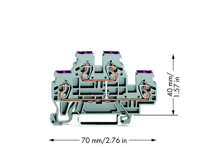 Elektronische Anschlussklemme in grauer Farbe mit doppelter Verdrahtung. Maße: Breite 70 mm (2,76 Zoll), Höhe 40 mm (1,57 Zoll).