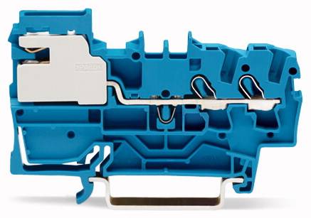 Ein blaues Reihenklemmen-Modul mit einer metallischen Schiene zur elektrischen Verbindung auf einer weißen Hintergrund.