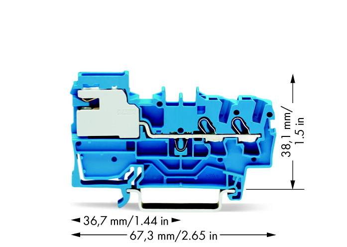 Blaues elektrisches Bauteil mit den Abmessungen 67,3 mm x 36,7 mm x 38,1 mm. Geeignet zum Einbau in elektrische Schaltsysteme.