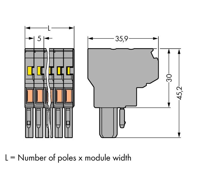 Technische Zeichnung eines elektrischen Steckverbinders mit Maßen. Breite: 5, Höhe: 45,2, Länge: 35,9. Text: 'L = Anzahl der Pole x Modulbreite'.