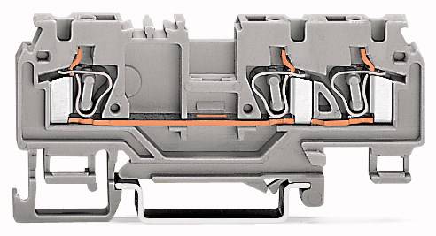 Grau-orange Klemmenblock mit Drahtanschlüssen in der Mitte, geeignet zum Verbinden von elektrischen Leitern in einem Schaltschrank.