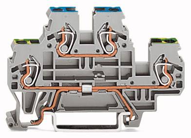Steckklemme mit mehreren Kupferverbindungen und Befestigungspunkten, geeignet für den elektrischen Anschluss in Schalttafeln.