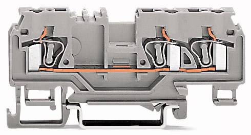 Eine graue, elektrische Klemmleiste mit metallischen Kontakten und Kupferdrähten, die für die Verbindung in elektrischen Schaltungen verwendet wird.