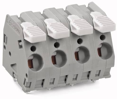 Graue, vierpolige Federklemme mit weißen Hebeln, für elektrische Verbindungen.