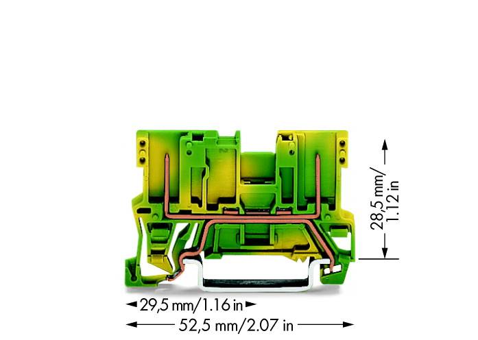 Elektrischer Leiter in Gelb und Grün, mit Abmessungen von 29,5 mm Breite und 28,5 mm Höhe; zeigt Innenstruktur mit Drähten.