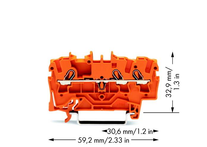 Oranger Kabelverbinder mit den Maßen 32,9 mm hoch, 30,6 mm breit und 59,2 mm lang, gezeigt in Millimetern und Zoll.