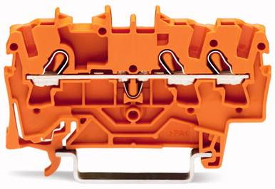 Oranger elektrischer Steckverbinder mit doppeltem Anschluss und robustem Design, verwendet für elektrische Schaltkreise.