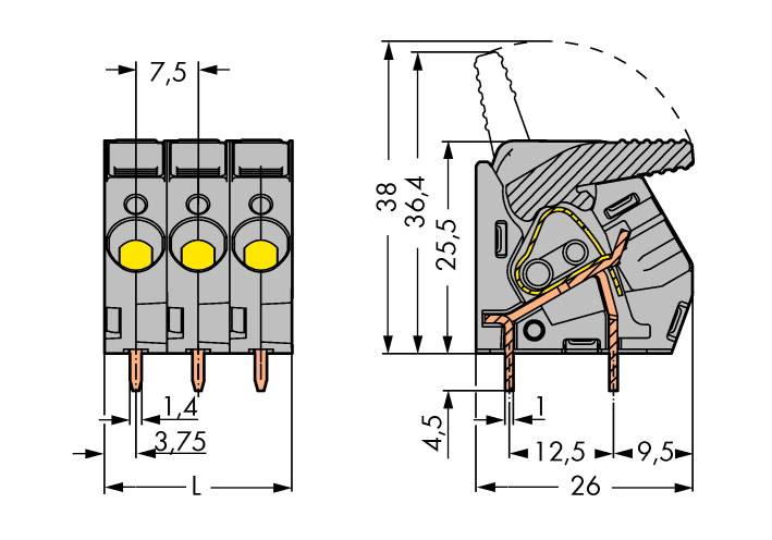 Technische Zeichnung eines dreipoligen Steckverbinders mit Maßangaben. Links: Vorderansicht, rechts: Seitenansicht mit Schnitthöhe.