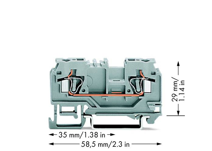 Ein grauer elektrischer Anschlussblock mit den Maßen 35 mm x 58,5 mm x 29 mm gezeigt.