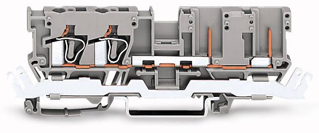 Querschnitt eines elektrischen Klemmenblocks mit mehreren Verbindungen und Kupferdraht, der für Verdrahtung in Schaltschränken verwendet wird.