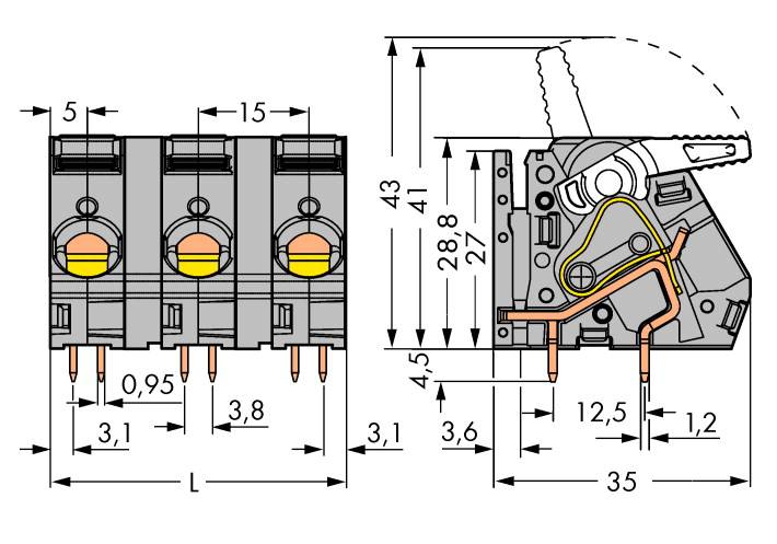 Technical drawing of a three-pole switch with dimensions in millimetres. Shows detailed view and connections.
