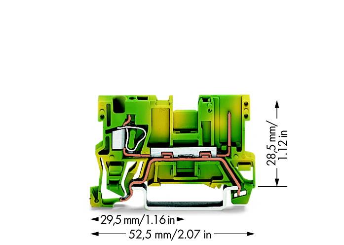 Abbildung eines grünen und gelben elektrischen Anschlusselements mit inneren Kupferverbindungen und Abmessungen von 29,5 mm x 52,5 mm.