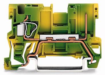 Querschnitt eines grünen und gelben elektrischen Anschlussklemmenblocks aus Kunststoff und Metall, zeigt interne Verbindungsmechanismen.