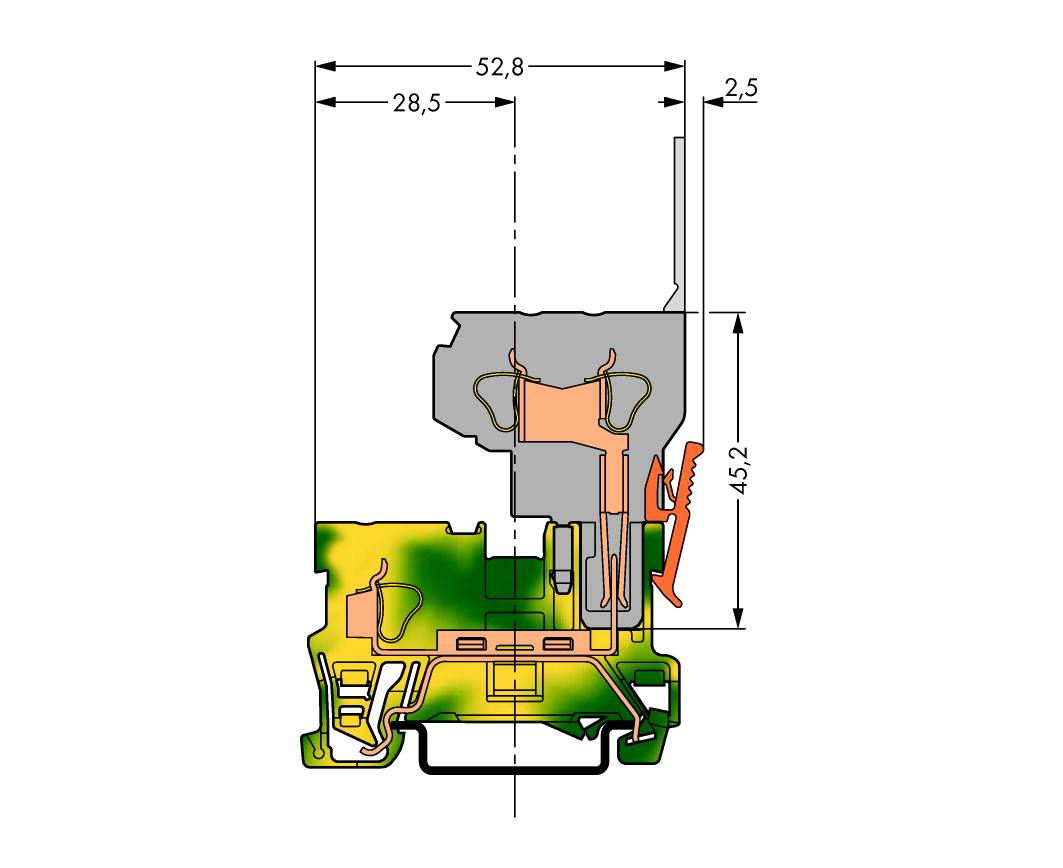 Querschnitt eines Fensterprofils mit Maßen: Breite 52,8 mm, Höhe 45,2 mm. Zeigt verschiedene Materialschichten und strukturelle Details.