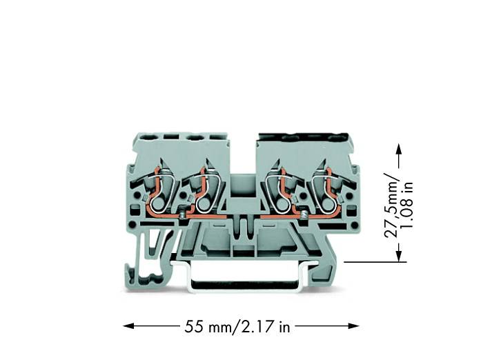 Abbildung eines elektrischen Reihenklemmenblocks mit den Maßen: 55 mm Breite, 27,5 mm Höhe. Enthält vier Klemmstellen.