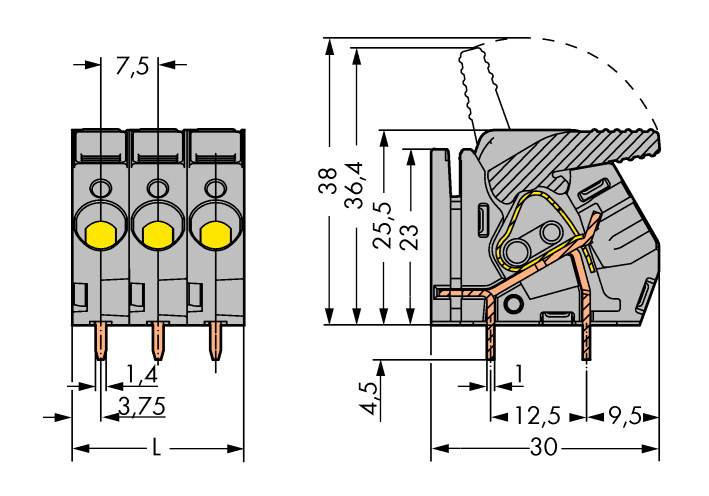 Technical drawing of an electrical connector with dimensions. Side and front view with measurements in millimetres.