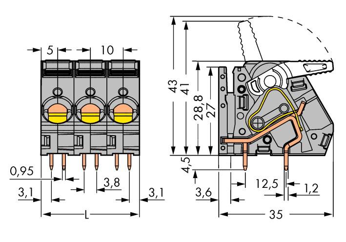 Technical drawing of an electromechanical component with detailed dimensions and component labelling, including levers and connections.