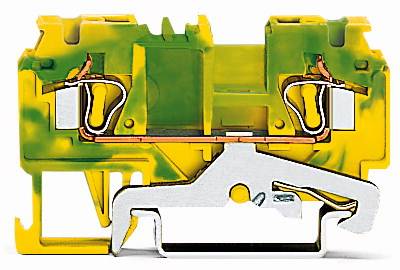 Querschnitt einer grünen und gelben Klemme mit metallischen Leitern und Anschlussmechanismen. Hauptfunktion: elektrische Verbindung.