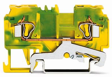 Kabelklemme in grün-gelber Farbe, verwendet für Erdungszwecke in elektrischen Installationen. Zeigt Metallverbindungen und Klemmmechanismus.