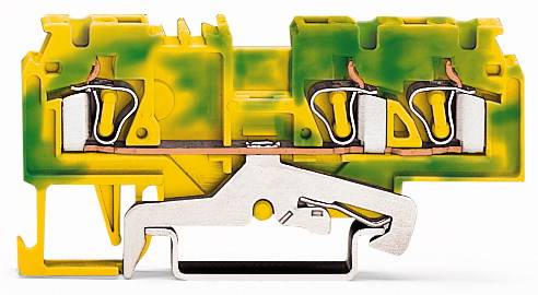 Ein gelb-grüner elektrischer Klemmblock mit metallischen Kontakten und Klemmen zur Verbindung von Drähten.