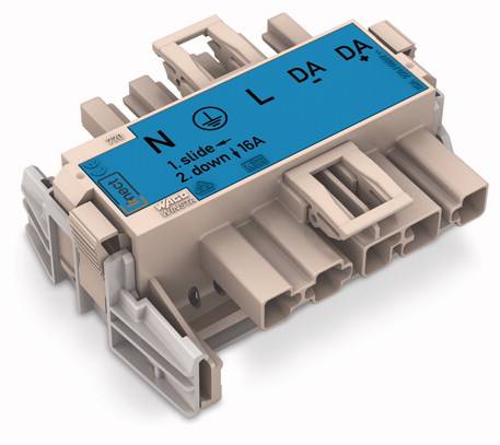 Elektrischer Steckverbinder mit blauer Beschriftung: 'N', 'L', 'DA', 'DA', Anweisungen: '1. slide – 2. down'. Maximale Belastung: 16A.