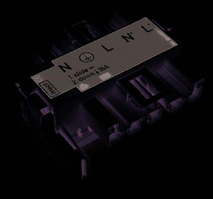Ein elektrisches Bauteil mit mehreren Anschlüssen und einem Etikett mit der Beschriftung 'N', 'L', '1 slide 2 down 16A'.