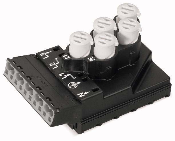 Schwarzer Steckverbinder mit acht grauen Anschlussklemmen, nummeriert von L1 bis N. Elektrisches Bauteil zur Verkabelung.