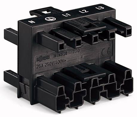 Schwarzer elektrischer Steckverbinder mit mehreren Anschlüssen, gekennzeichnet mit 'N', 'L1', 'L2', 'L3', für eine Spannung von 25A 250V/400V.