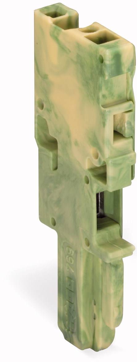Grüner und beiger Kunststoffstecker in vertikaler Position mit mehreren Steckplätzen und Aussparungen.