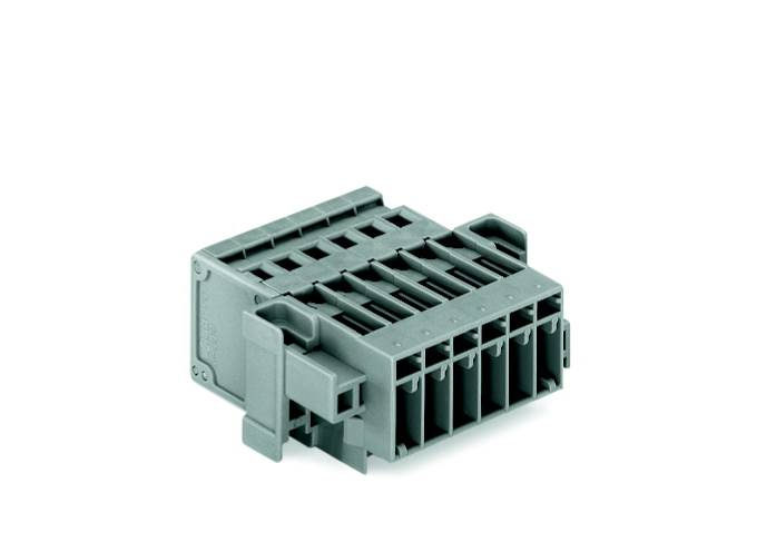 Graues Kunststoffsteckverbindergehäuse mit mehreren Steckplätzen, seitliche Entriegelungsklipps. Verwendet für elektrische Verbindungen.