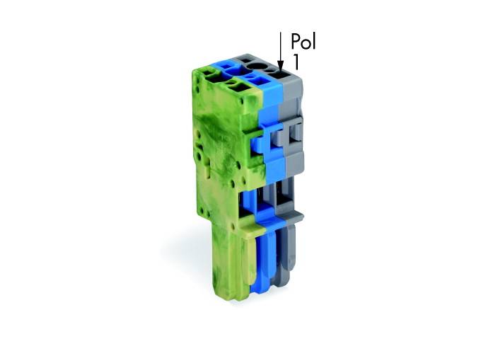 Ein vertikaler, mehrfarbiger elektrischer Stecker mit der Beschriftung 'Pol 1' zeigt die Position oder den Anschluss.