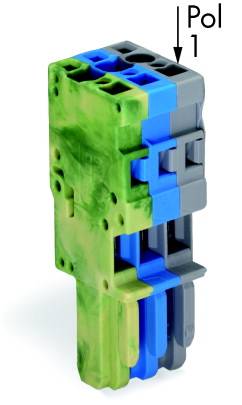 'Pol 1': Vierpoliger, farbig kodierter Steckverbinder mit grünen, blauen und grauen Segmenten.